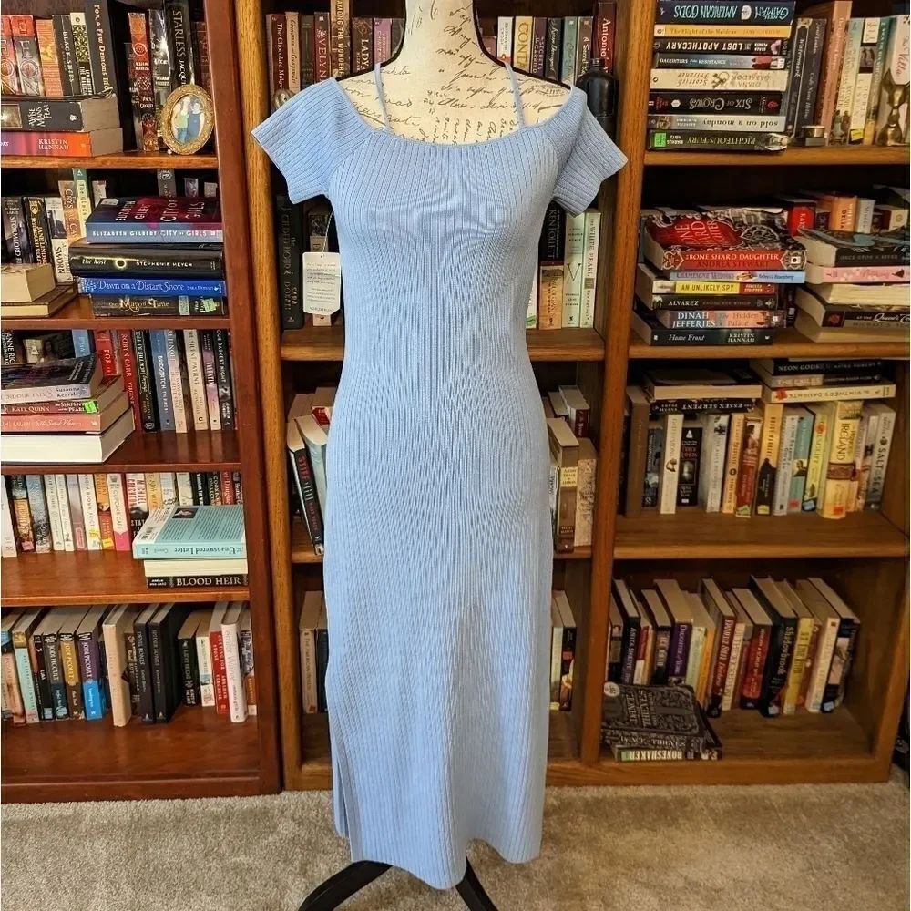 Wayf blue ribbed knit maxi dress off should crisscross strap sz m net